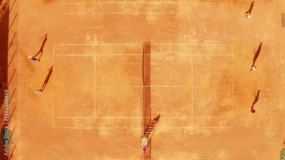 Competitive tennis match on clay court showcasing players in action during bright afternoon light in a vibrant outdoor setting