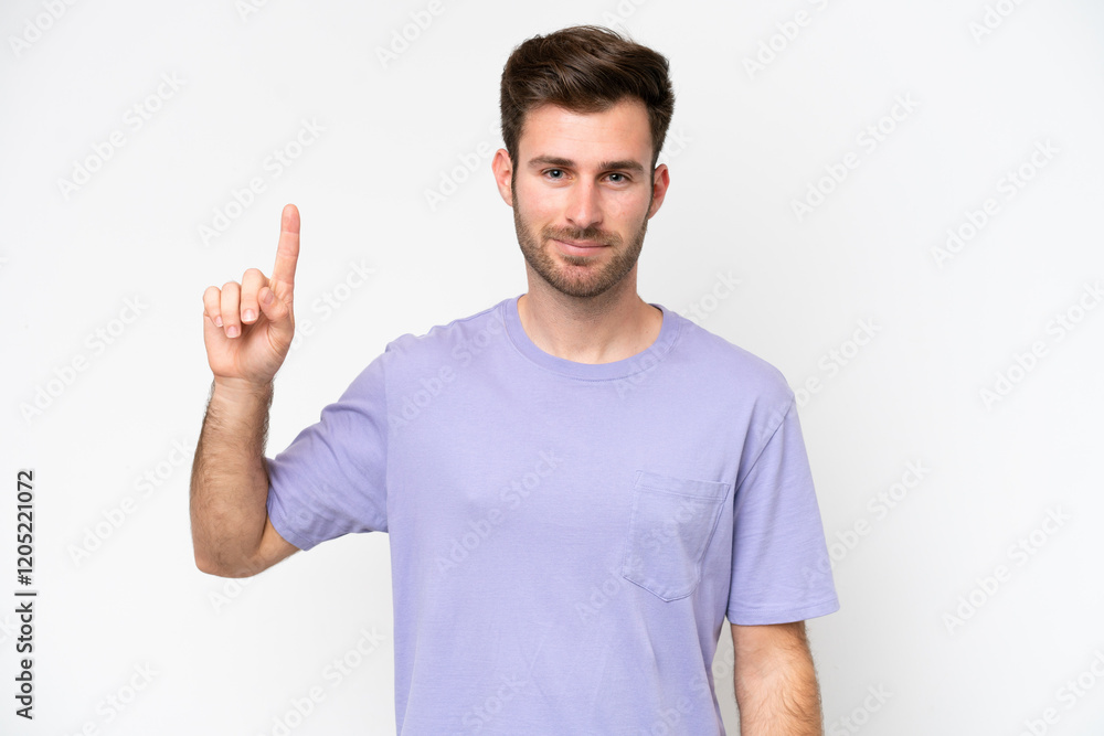 Young caucasian man isolated on white background pointing up a great idea Young caucasian man isolated on white background pointing up a great idea