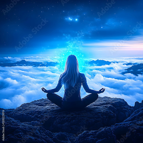Woman Meditates on Mountain...