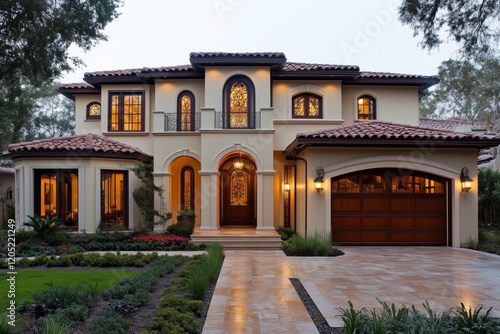 A beautiful Mediterranean-style Italianate house style with a tiled roof, arched windows, and a spacious driveway. The exterior features elegant landscaping and warm lighting. photo