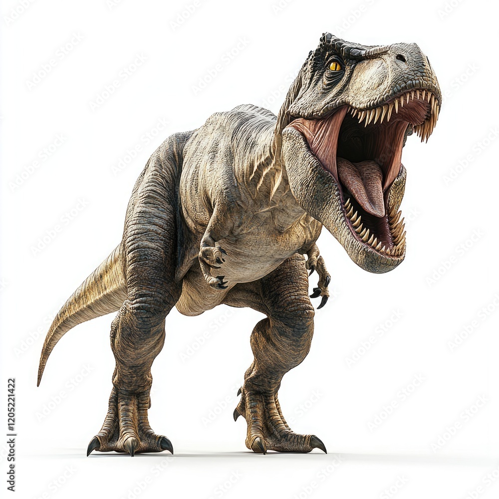 Fototapeta premium A realistic depiction of a roaring T. rex dinosaur showcasing its detailed features.