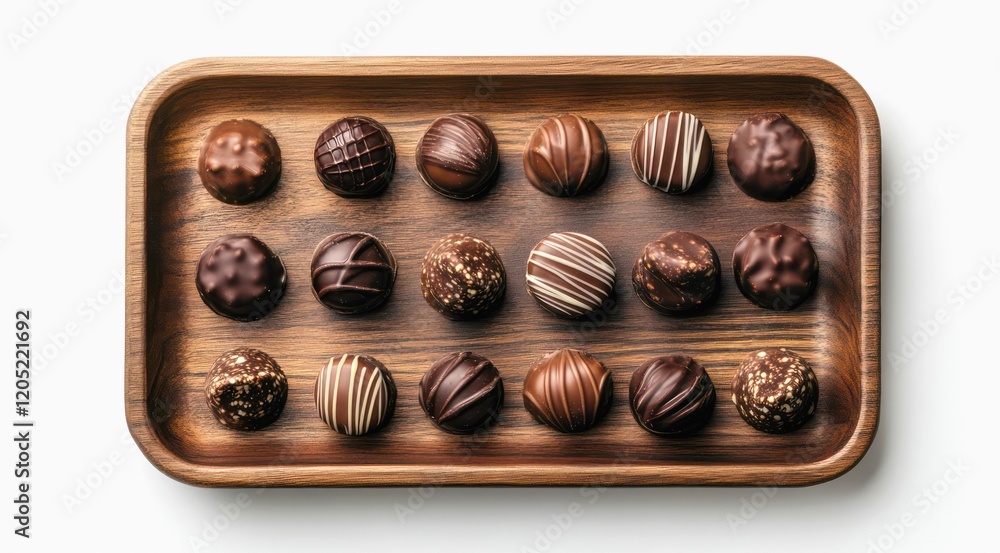 Assortment of chocolates on a wooden tray, top view. Assortment of chocolates on a wooden tray, top view.