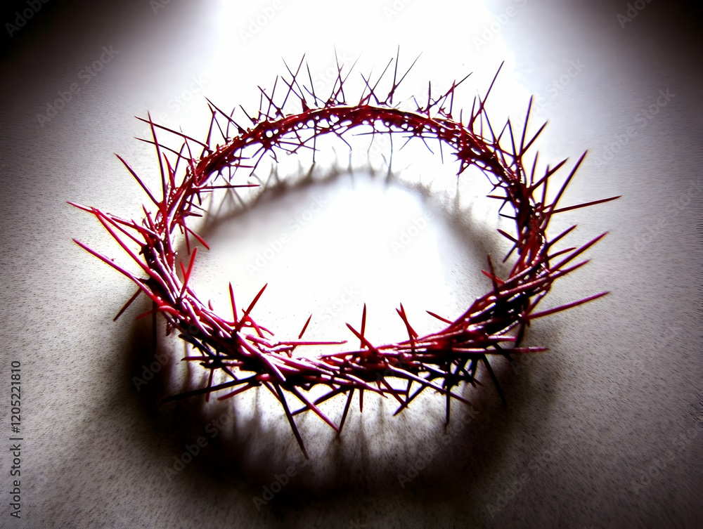 Fototapeta premium Crown of Thorns Rests on a Textured Surface, Illuminated Dramatically with Dark Edges