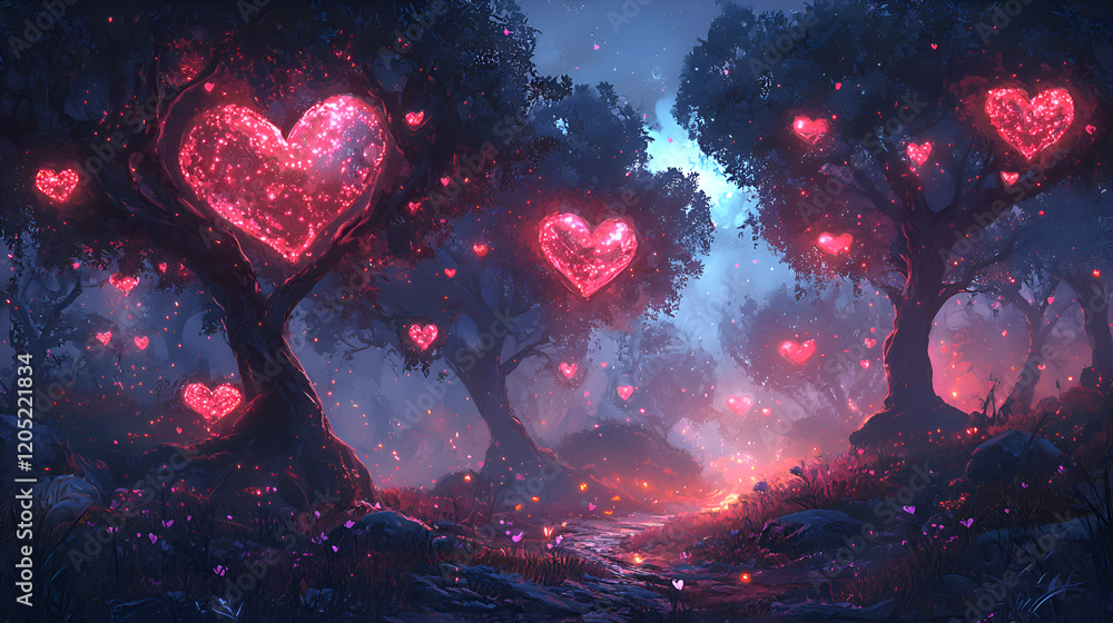 Enchanting Magical Forest with Glowing Hearts and Whimsical Trees on Valentine's Day Enchanting Magical Forest with Glowing Hearts and Whimsical Trees on Valentine's Day
