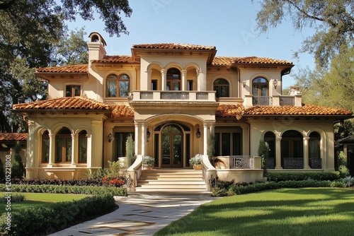 A luxurious Mediterranean-style Italianate house style mansion with a terracotta roof, arched windows, and a grand entrance. Surrounded by lush greenery and a well-manicured lawn. photo