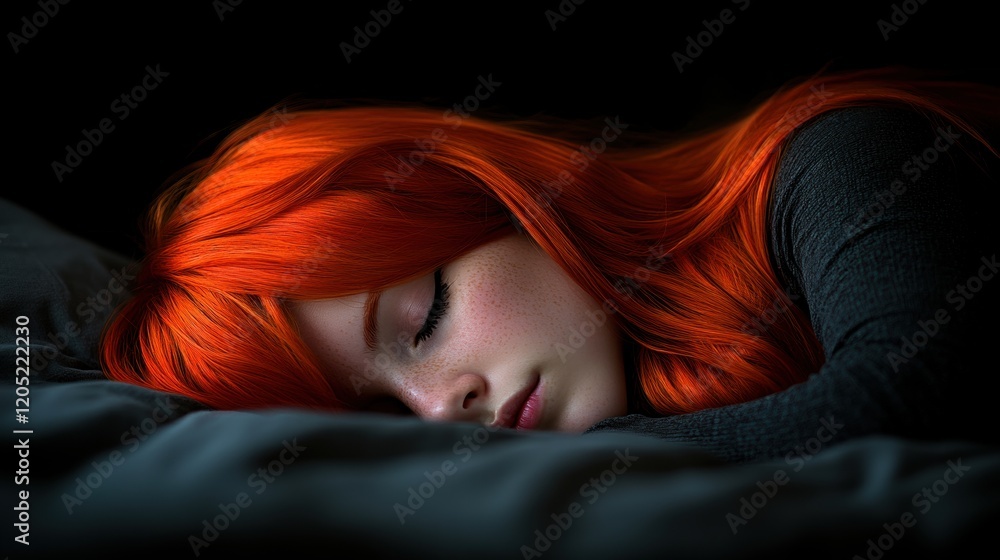 Young Woman with Bright Orange Hair Sleeping Peacefully at Night Young Woman with Bright Orange Hair Sleeping Peacefully at Night
