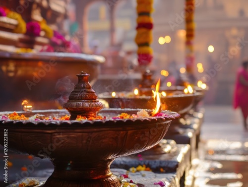 A close-up view of traditional oil lamps with burning flames in a spiritual setting photo