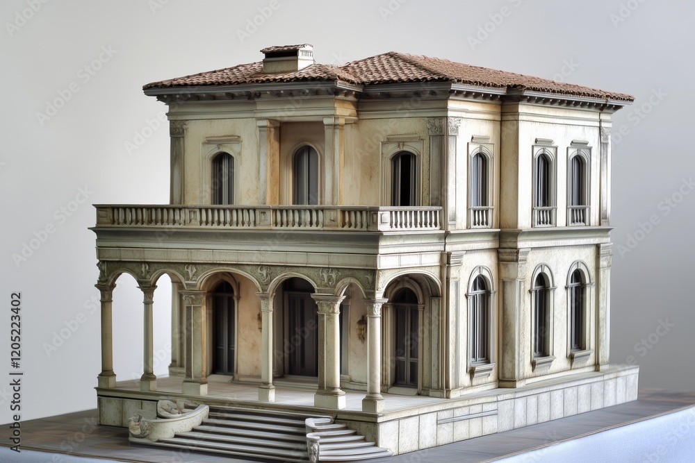 Obraz premium A Italianate house style detailed architectural model of a classic villa featuring a tiled roof, arched windows, and a grand staircase. The model showcases intricate designs and textures.