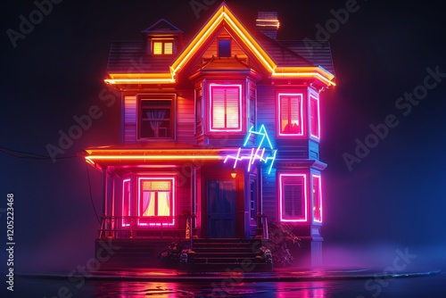 A vibrant, neon-lit house glowing in the night, surrounded by mystical fog. photo