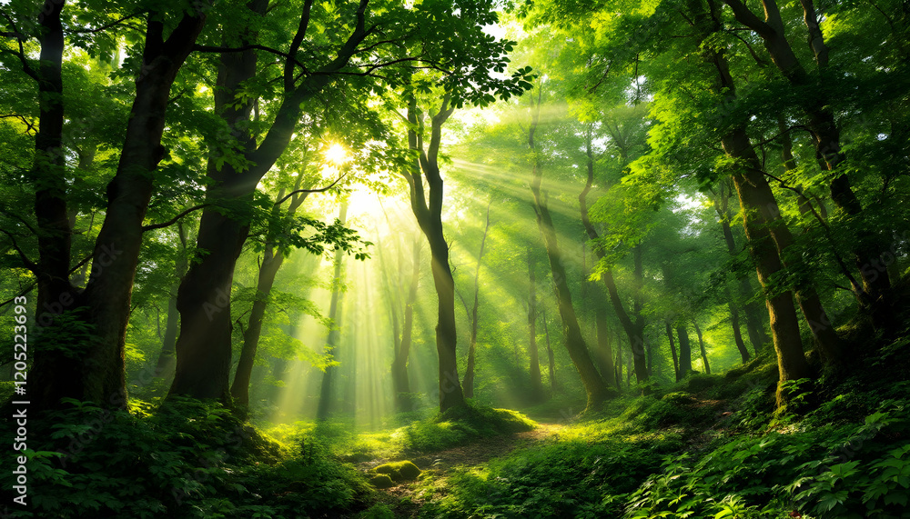 Naklejka premium Sunbeams Through Lush Green Forest Landscape