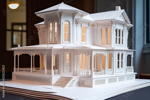 A Italianate house style detailed architectural model of a Victorian-style house made from white paper, showcasing intricate designs, windows, and a porch. photo