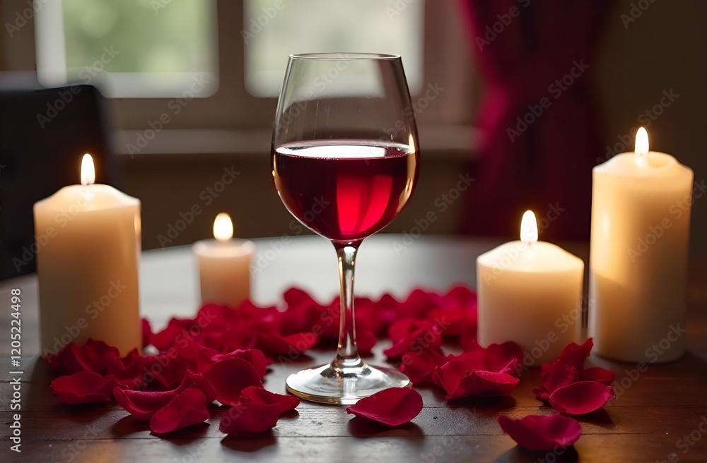 A glass of wine on the table rose petals A glass of wine on the table rose petals