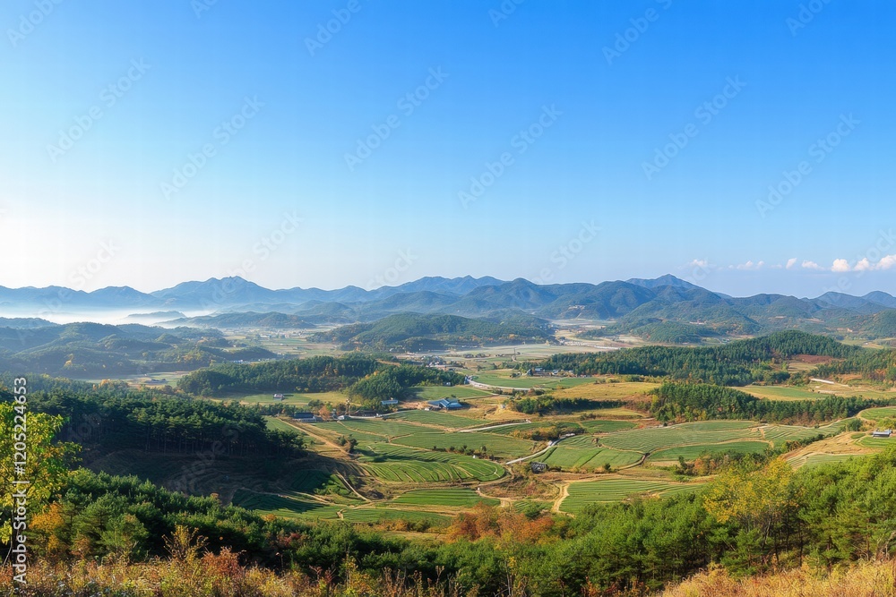 Naklejka premium Breathtaking panoramic view of rolling hills and lush fields during clear sunny weather in mountainous region. Generative AI