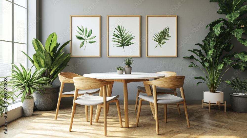 Modern Dining Area with Plants and Greenery in Bright Room Modern Dining Area with Plants and Greenery in Bright Room