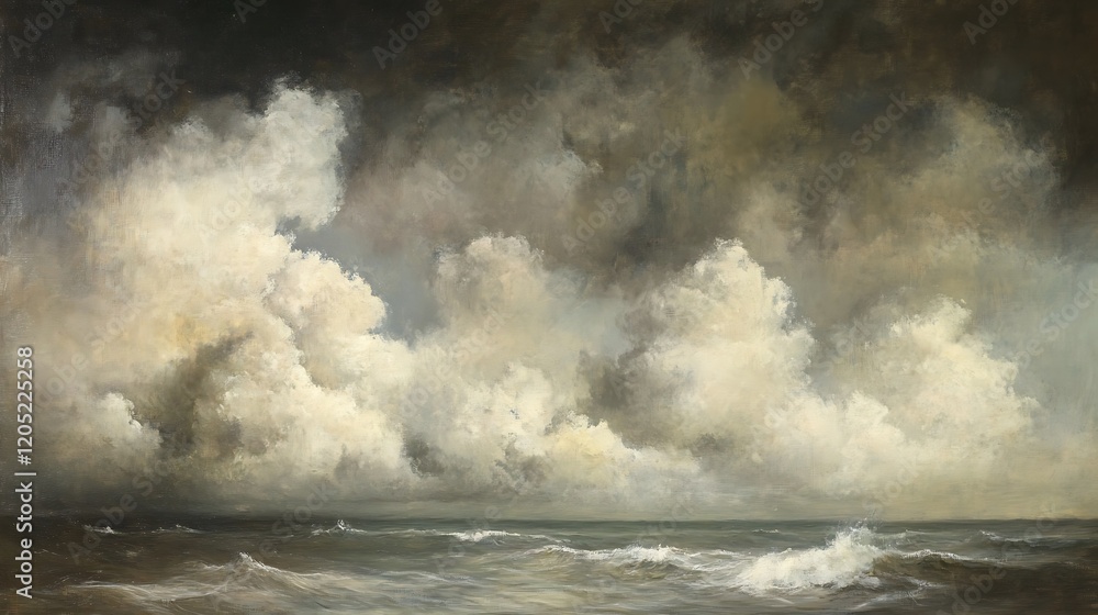 Fototapeta premium A stormy seascape with a dramatic sky filled with thick clouds and the sea raging below
