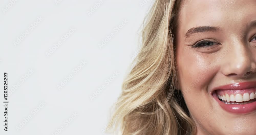 Caucasian beautiful plus size woman smiling confidently, copy space