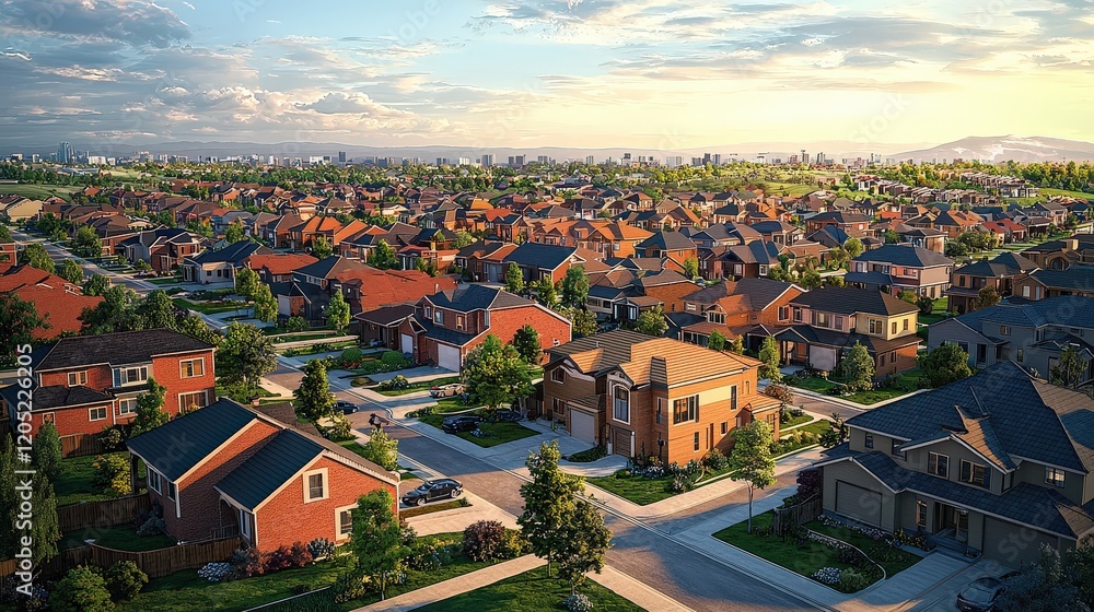 Obraz premium An aerial view of a city with interconnected homes and smart technologies for community engagement and communication.