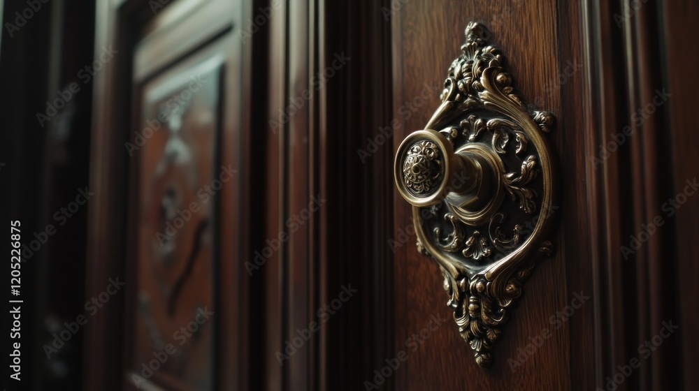 Ornate brass door knocker on a rich dark wood door. Ornate brass door knocker on a rich dark wood door.