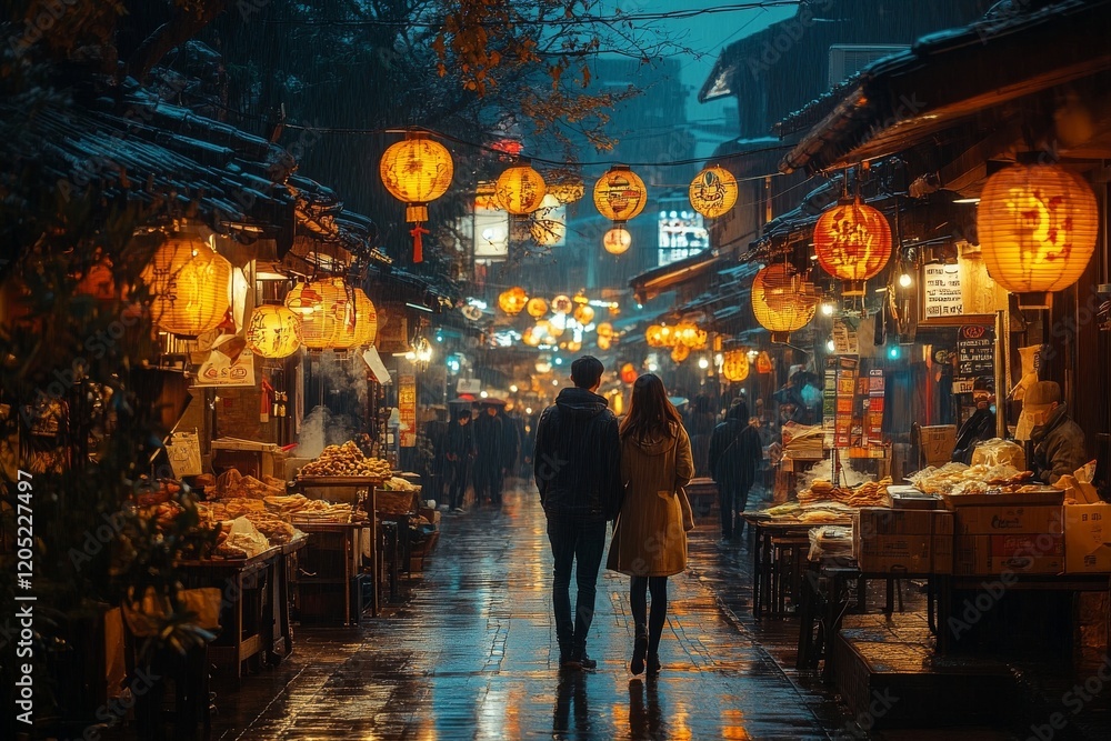 A couple walking through a street market at night with food stalls. Generative AI A couple walking through a street market at night with food stalls. Generative AI