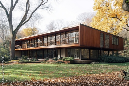 A modern wooden Midcentury Modern house style with large glass windows, surrounded by trees and autumn foliage. The house features a flat roof and a spacious lawn with fallen leaves.
