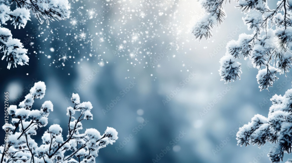 A winter background image showing snow drops and frost-covered plants, creating an atmosphere of tranquility and magic A winter background image showing snow drops and frost-covered plants, creating an atmosphere of tranquility and magic