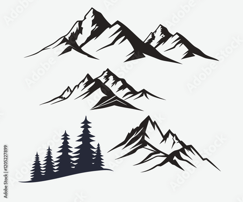 Mountains silhouettes on isolated background. set of hand drawn landscape mountain with silhouette pine trees. - Vector
