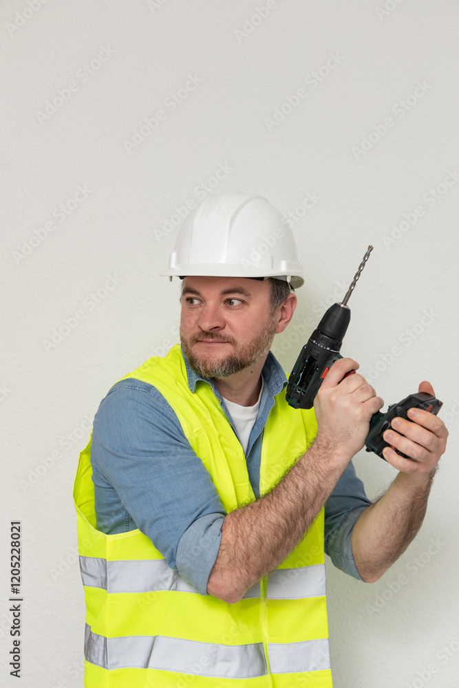 Working with a drill requires strict safety precautions. A helmet, vest and safety glasses will ensure your safety. Compliance with safety precautions reduces the risk of injury. protective equipment Working with a drill requires strict safety precautions. A helmet, vest and safety glasses will ensure your safety. Compliance with safety precautions reduces the risk of injury. protective equipment