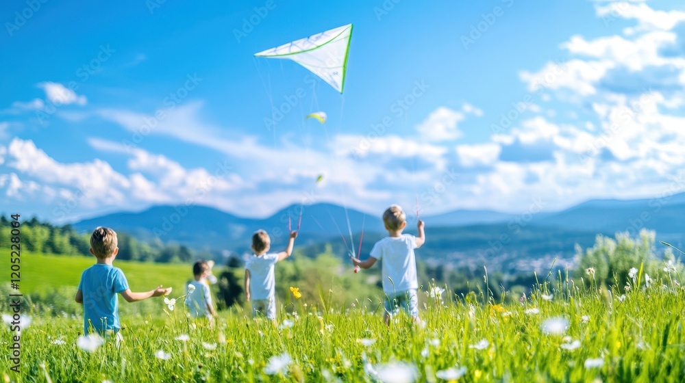 Kids Flying Kite in Meadow: Children joyfully fly a kite in a vibrant green meadow against a backdrop of picturesque mountains and a clear blue sky. Kids Flying Kite in Meadow: Children joyfully fly a kite in a vibrant green meadow against a backdrop of picturesque mountains and a clear blue sky.