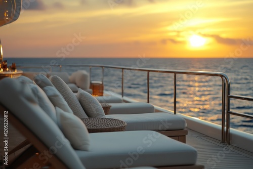 Exclusive yacht party with stylish deck chairs, sophisticated bar area, and panoramic ocean views. photo