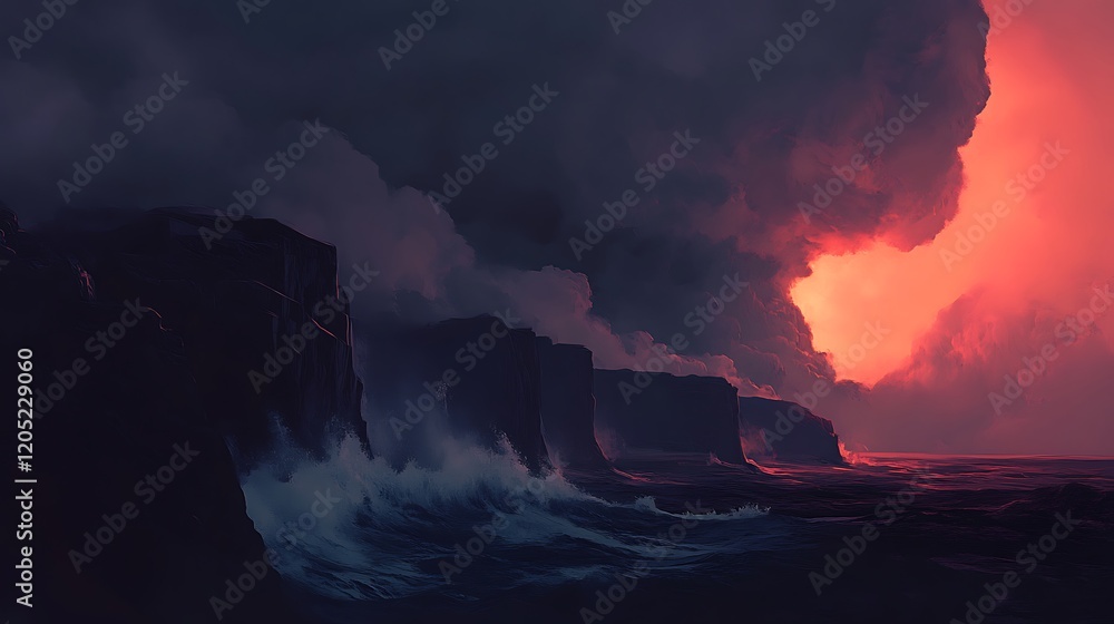 Fototapeta premium A dark sea under a stormy sky, with waves crashing against a rugged coastline in a powerful display of nature's fury