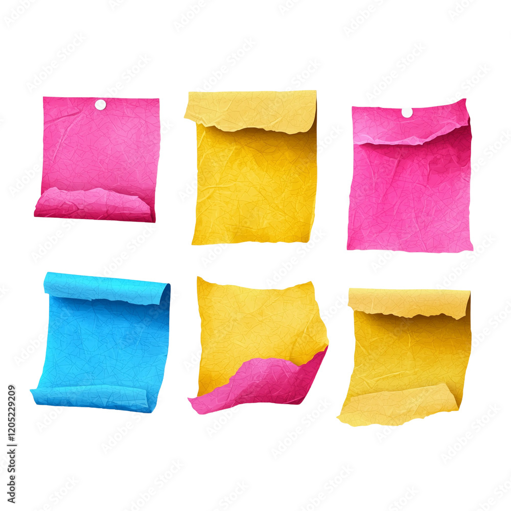 Naklejka premium A collection of colorful, crumpled sticky notes in pink, yellow, and blue.