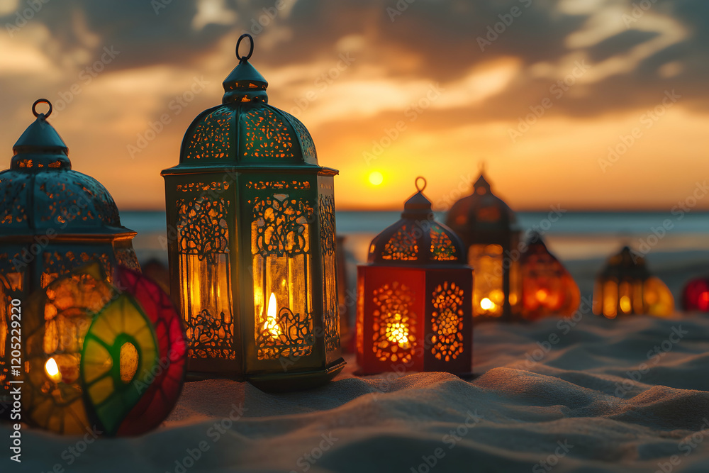 Fototapeta premium Sunset Serenity: Ramadan Lanterns on the Beach