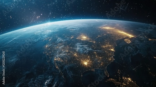 Fototapeta Naklejka Na Ścianę i Meble -  Night planet earth from space with light lines of communication and connection. Business and finance, concept. Global communications system and the World Wide Web. Technologies and communications.