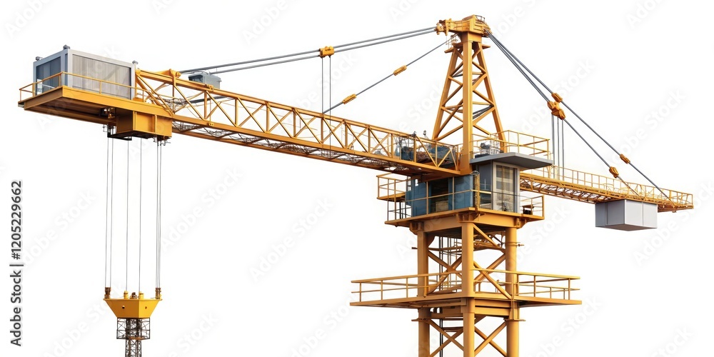 White background PNG: a long-exposure shot of a single, isolated tower crane for construction imagery. White background PNG: a long-exposure shot of a single, isolated tower crane for construction imagery.