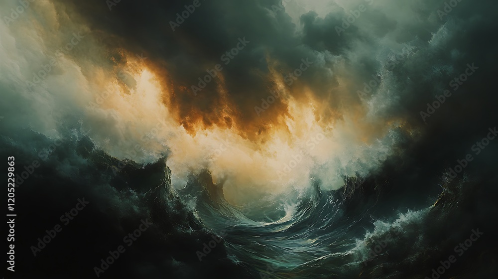 A stormy ocean with dark clouds looming overhead, the waves surging and crashing against each other A stormy ocean with dark clouds looming overhead, the waves surging and crashing against each other