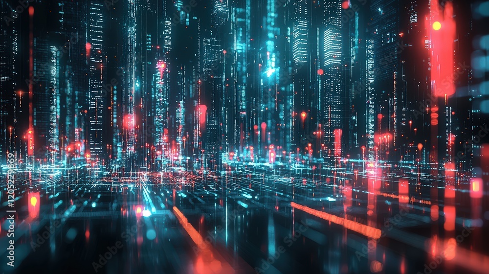 Fototapeta premium Smart city data flow through digital infrastructure, visualized with futuristic holograms of data networks, connected systems, and real-time information.