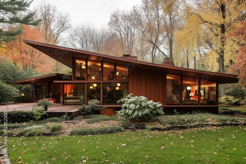 Wallpaper Mural A modern architectural Midcentury Modern house style with a unique angular roof, surrounded by lush greenery and autumn foliage. Large windows reflect the colorful trees. Torontodigital.ca