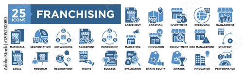 Franchising icon collection set. Containing design business, franchise, marketing, retail, management, store, investment	