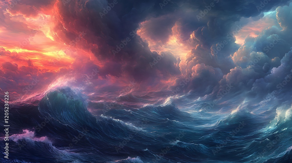 Fototapeta premium A vast ocean under a stormy sky filled with heavy clouds, the waves crashing against each other in a powerful display of nature's fury