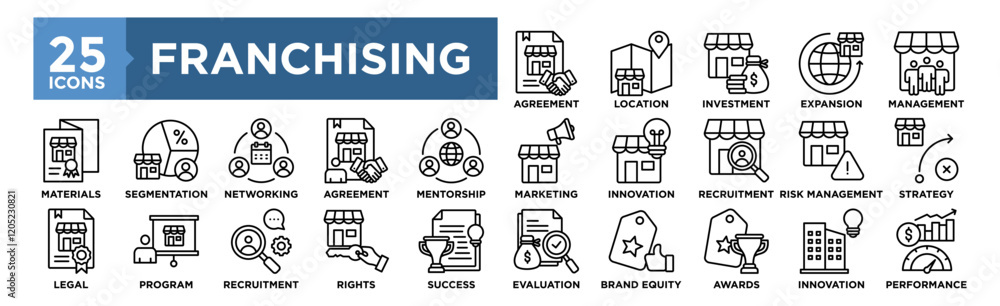 Franchising icon collection set. Containing design business, franchise, marketing, retail, management, store, investment Franchising icon collection set. Containing design business, franchise, marketing, retail, management, store, investment