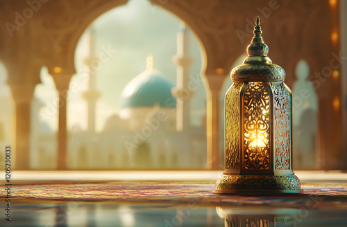 Golden Ramadan Lantern at Mosque: Peaceful Evening photo