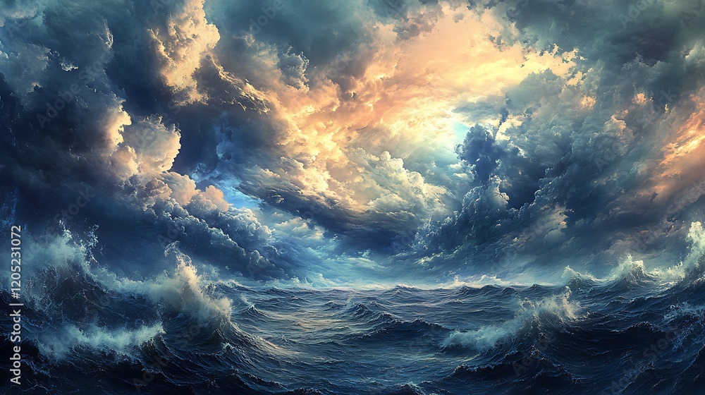 Fototapeta premium A vast ocean under a dramatic cloudy sky, the horizon obscured by heavy clouds and the sea churning below