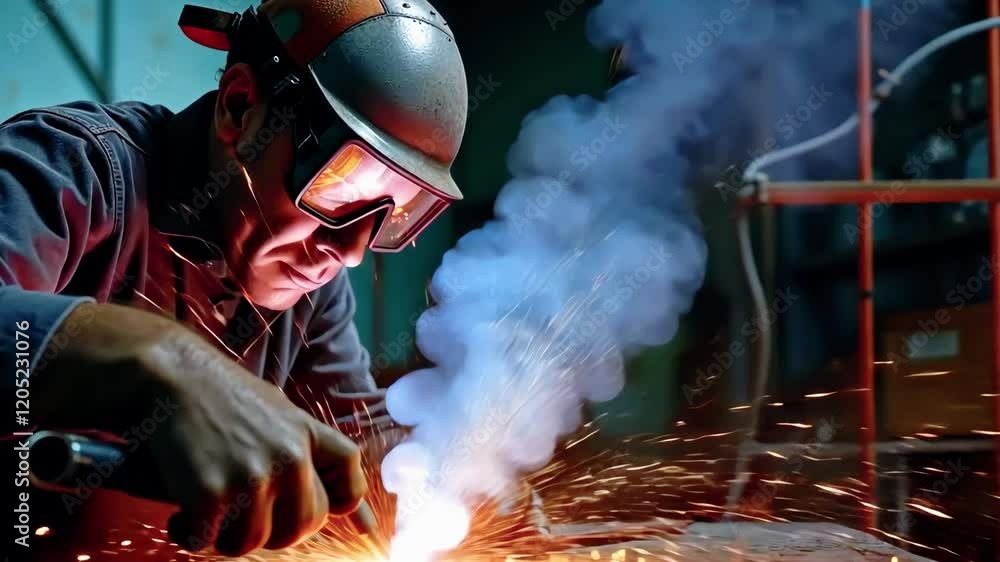 A welder working with sparks flying in a dark workshop environment. A welder working with sparks flying in a dark workshop environment.