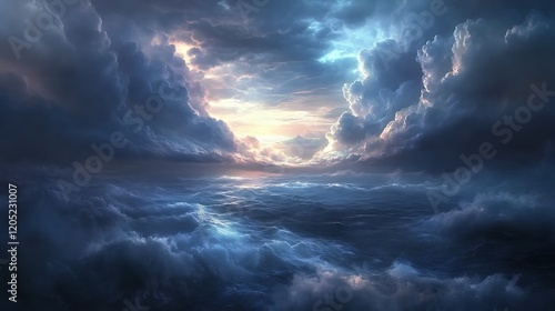 Fototapeta Naklejka Na Ścianę i Meble -  A vast ocean under a dramatic cloudy sky, the horizon obscured by heavy clouds and the sea churning below