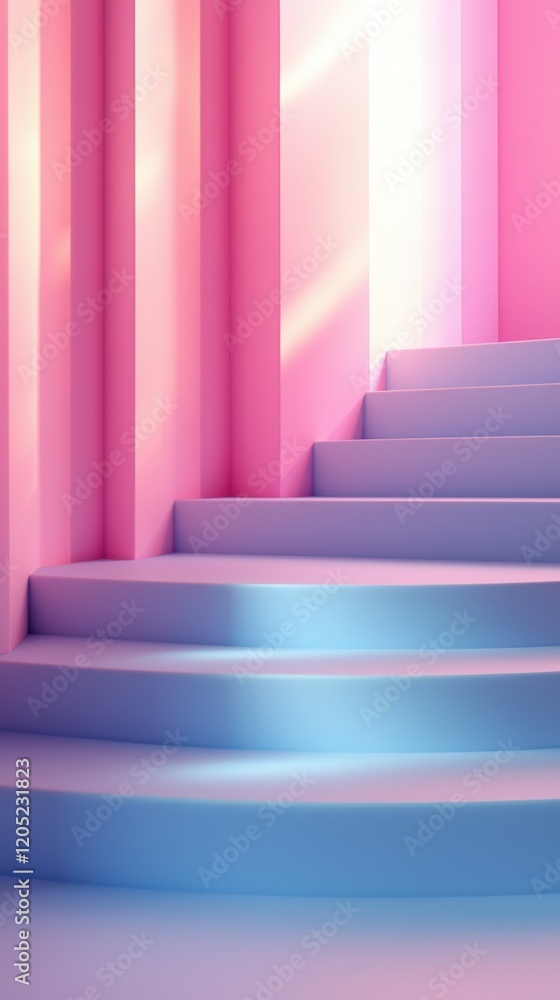 Obraz premium Pink and blue stairs ascending with light beam, pastel scene, minimalist 3D art Generated AI