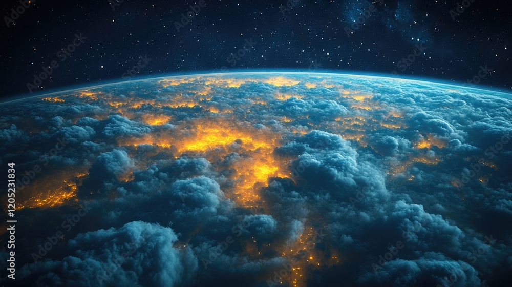 Fototapeta premium A breathtaking view of Earth's illuminated atmosphere from space, showcasing vibrant clouds and stars