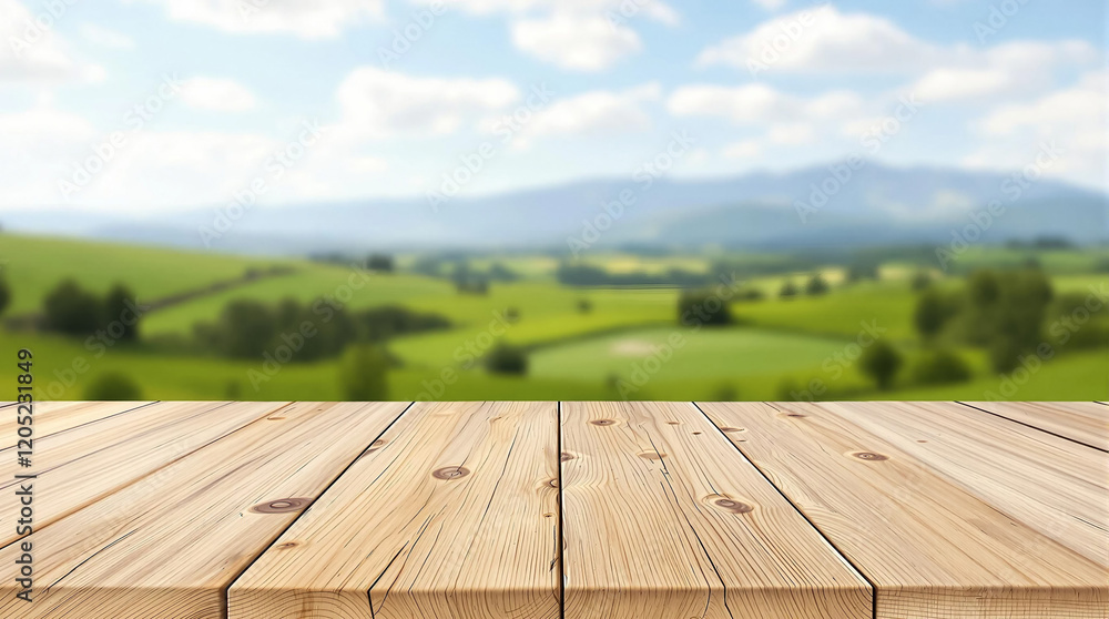 Blurred Landscape Background with Wooden Tabletop Blurred Landscape Background with Wooden Tabletop