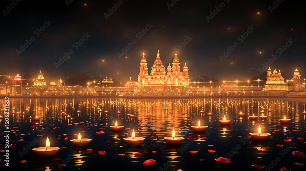 Illuminated Temple Reflected in Water with Floating Diyas at Night Illuminated Temple Reflected in Water with Floating Diyas at Night