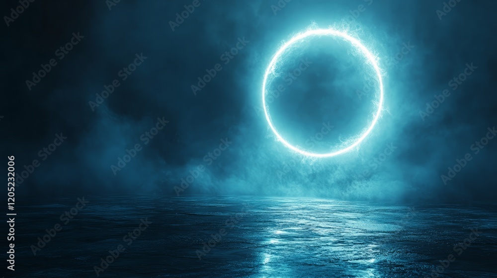 A radiant glowing circle in icy blue tones floating on a matte dark backdrop A radiant glowing circle in icy blue tones floating on a matte dark backdrop