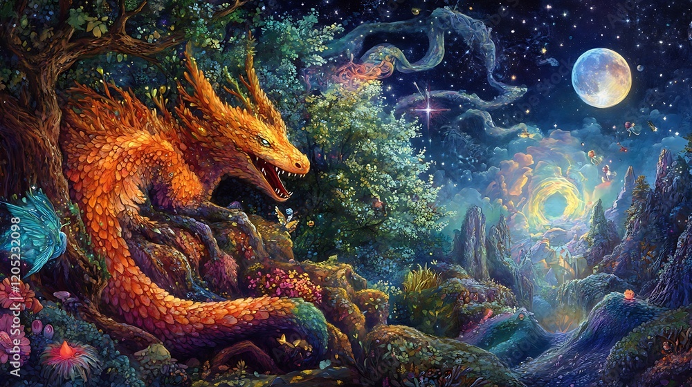 A Fiery Dragon Rests in a Mystical Forest Under a Starry Night Sky A Fiery Dragon Rests in a Mystical Forest Under a Starry Night Sky